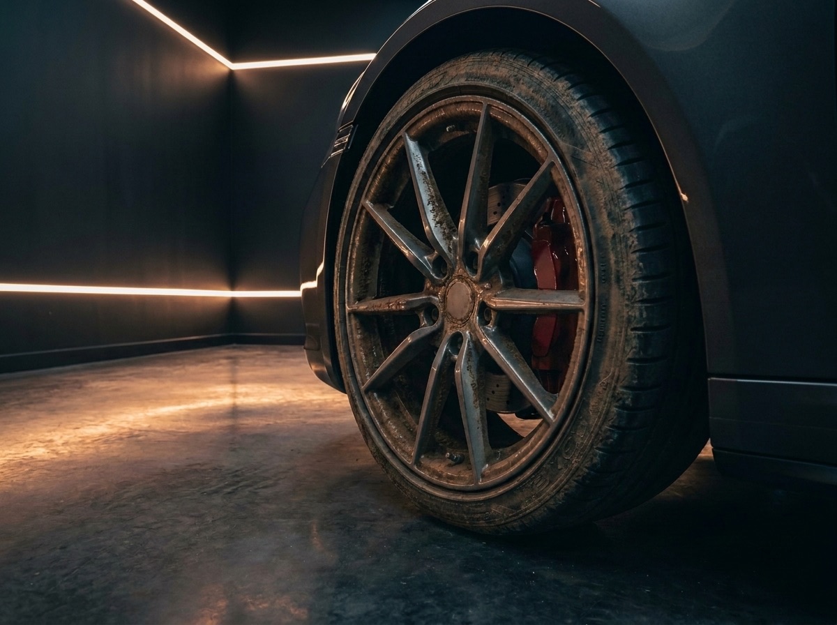 Wheel caked in brake dust before cleaning