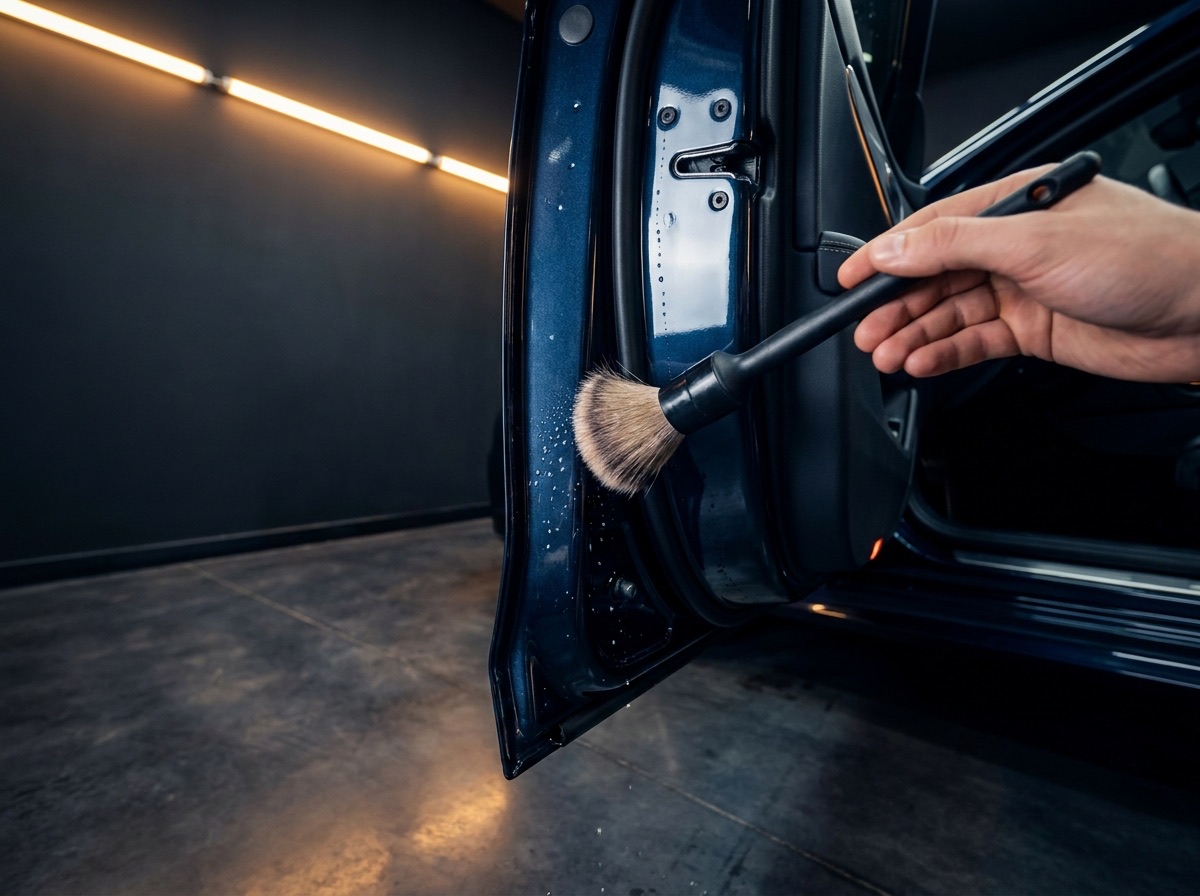 Door jamb and hinges being detailed with a soft brush