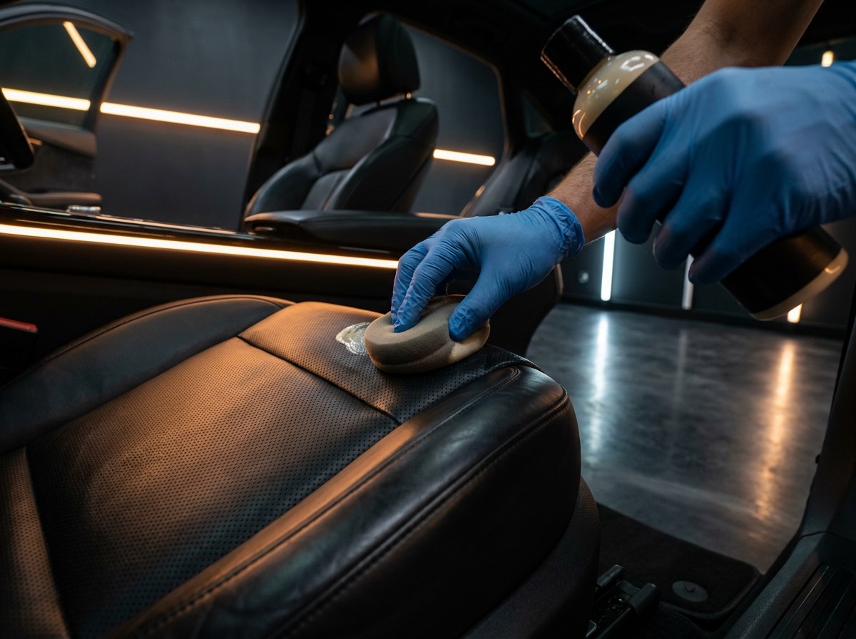 Leather conditioner being worked into a black leather seat