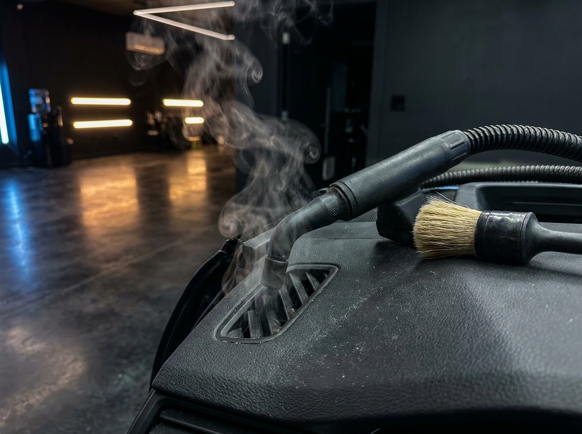 Steam wand cleaning a car dashboard air vent