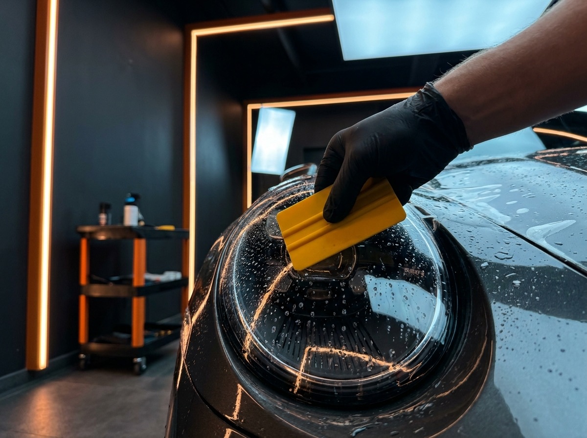 Film being pressed around a headlight