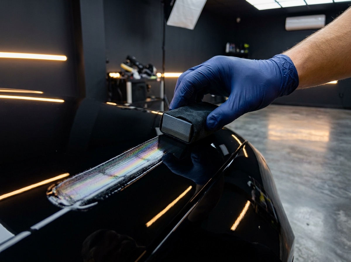 Ceramic coating being applied to black paint