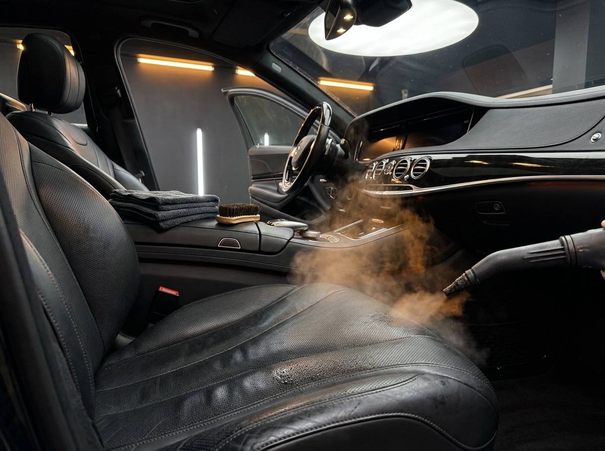 Luxury car interior being deep cleaned