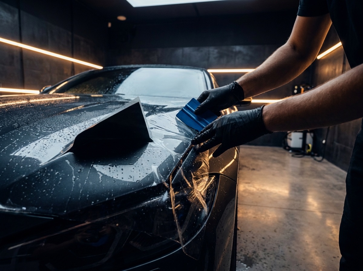 Paint protection film being applied to a hood