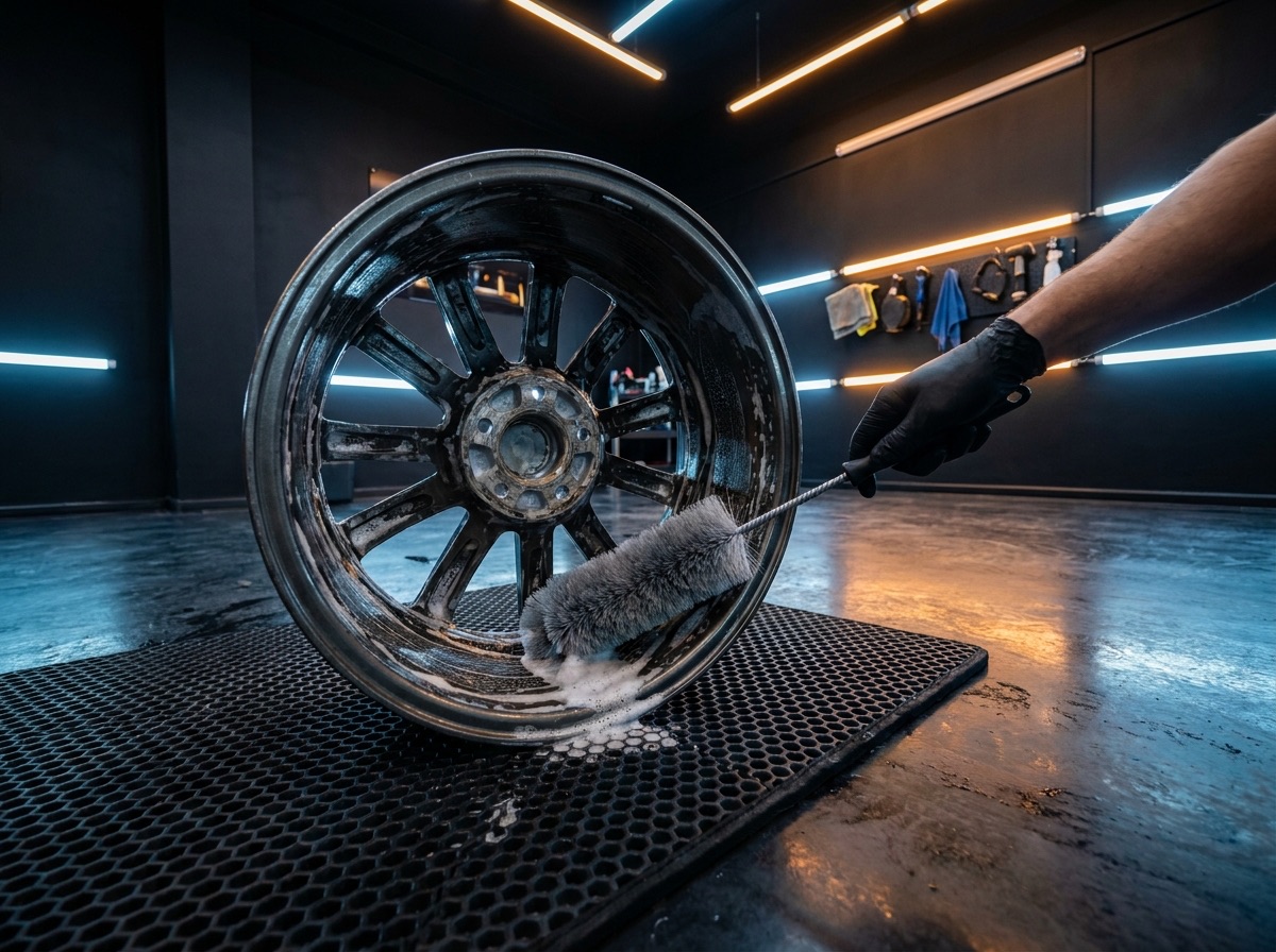 Wheel barrel being deep cleaned with a long brush, wheel off the car