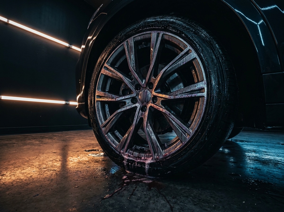 Iron remover turning purple as it dissolves brake dust on an alloy wheel